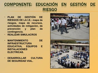 •

•

PLAN DE GESTIÓN DE
RIESGOS DE LA I.E.: mapa de
riesgos, mapa de recursos,
actividades de mitigación, de
prevención
y
plan
de
contingencia.
REALIZAR SIMULACROS

•

MANTENIMIENTO
DE
INFRAESTRUCTURA
EDUCATIVA,
EQUIPOS
E
INSTALACIONES
ELECTRICAS.

•

DESARROLLAR
CULTURA
DE SEGURIDAD VIAL.

 