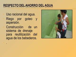 •
•
•

•

Uso racional del agua.
Riego por goteo y
aspersión.
Construcción de un
sistema de drenaje
para reutilización del
agua de los bebederos.
.

 