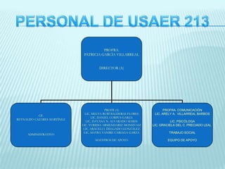 PROFRA.PATRICIA GARCÍA VILLARREALDIRECTOR (A)CP.REYNALDO CAZARES MARTÍNEZADMINISTRATIVOPROFR (A)LIC. MELVA RUBÍ BALDERAS FLORESLIC. DANIEL CORPUS GARZALIC. DAYANA N. ALVARADO MARINLIC. YURIDIA ARMENDARIZ MONSIVAIZLIC. ARACELI I. DELGADO GONZÁLEZLIC. MAYRA YANIRE CARIAGA GARZAMAESTROS DE APOYOPROFRA. COMUNICACIÓNLIC. ARELY A.  VILLARREAL BARBOSLIC. PSICÓLOGALIC. GRACIELA DEL C. PRECIADO LEAL TRABAJO SOCIALEQUIPO DE APOYOPERSONAL DE USAER 213
