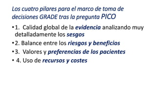 Los cuatro pilares para el marco de toma de
decisiones GRADE tras la pregunta PICO
•1. Calidad global de la evidencia analizando muy
detalladamente los sesgos
•2. Balance entre los riesgos y beneficios
•3. Valores y preferencias de los pacientes
• 4. Uso de recursos y costes
 
