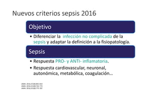 Nuevos criterios sepsis 2016
Objetivo
• Diferenciar la infección no complicada de la
sepsis y adaptar la definición a la fisiopatología.
Sepsis
• Respuesta PRO- y ANTI- inflamatoria.
• Respuesta cardiovascular, neuronal,
autonómica, metabólica, coagulación…
JAMA. 2016;315(8):801-810
JAMA. 2016;315(8):762-774
JAMA. 2016;315(8):775-787
 