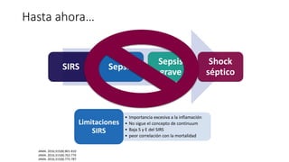 Hasta ahora…
SIRS Sepsis
Sepsis
grave
Shock
séptico
• Importancia excesiva a la inflamación
• No sigue el concepto de continuum
• Baja S y E del SIRS
• peor correlación con la mortalidad
Limitaciones
SIRS
JAMA. 2016;315(8):801-810
JAMA. 2016;315(8):762-774
JAMA. 2016;315(8):775-787
 