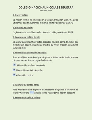 COLEGIO NACIONAL NICOLAS ESGUERRA
                              Edificamos futuro

5. Mover celdas
La mejor forma es seleccionar la celda presionar CTRL+X, luego
ubicarnos donde queremos mover la celda y pulsamos CTRL+V
5. Borrado de celdas
La forma más sencilla es seleccionar la celda y presionar SUPR
6. Formato de celdas fuente
La forma para modificar estos aspectos es en la barra de inicio, por
ejemplo allí podemos cambiar el estilo de letra, el color, el tamaño
y mucho más.
6. Formato de alineación de celdas
Para modificar esto hay que dirigirse a la barra de inicio y hacer
clic sobre estos iconos según lo deseado

    Alineación hacia la izquierda

   Alineación hacia la derecha

   Alineación centra


6. Formato de celdas borde
Para modificar este aspecto es necesario dirigirnos a la barra de
inicio y hacer clic  en este icono y escoger la opción deseada.
6. Formato de celdas relleno
 