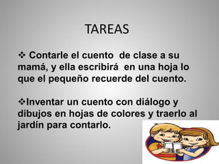TAREAS
 Contarle el cuento de clase a su
mamá, y ella escribirá en una hoja lo
que el pequeño recuerde del cuento.
Inventar un cuento con diálogo y
dibujos en hojas de colores y traerlo al
jardín para contarlo.
 