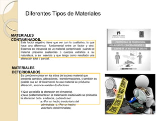 Diferentes Tipos de Materiales
Este factor negativo tiene que ver con lo cualitativo, lo que
hace una diferencia fundamental entre un factor y otro.
Estamos en presencia de un material contaminado cuando el
material presente sustancias o cuerpos extraños a su
naturaleza, a su esencia y que tenga como resultado una
alteración total o parcial.
MATERIALES
CONTAMINADOS.
Es común encontrar en los sitios del suceso material que
presenta cambios, alteraciones, transformaciones, y también es
posible que en el tratamiento de ese material se produzca
alteración, entonces existen dosfactores:
1)Que ya existía la alteración en el material.
2)Que posteriormente en el tratamiento inadecuado se produzca
la alteración de la evidencia, pudiendoser:
a.- Por un hecho involuntario del
criminalista b.- Por un hecho
voluntario delcriminalista;
MATERIALES
DETERIORADOS
 