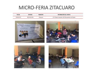 MICRO-FERIA ZITACUARO
FECHA ENTIDAD MUNICIPIO INFORMACIÓN DEL EVENTO
25/04/2018 MICHOACÁN Zitácuaro 210 Plazas Vacantes /400 Buscadores de Empleo
 