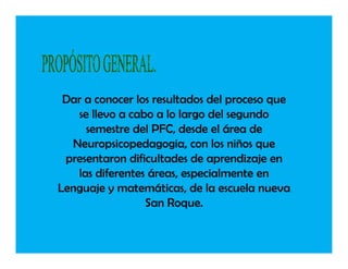 Dar a conocer los resultados del proceso que
   se llevo a cabo a lo largo del segundo
     semestre del PFC, desde el área de
  Neuropsicopedagogia, con los niños que
 presentaron dificultades de aprendizaje en
   las diferentes áreas, especialmente en
Lenguaje y matemáticas, de la escuela nueva
                 San Roque.
 