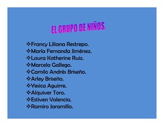 Francy Liliana Restrepo.
María Fernanda Jiménez.
Laura Katherine Ruiz.
Marcela Gallego.
Camilo Andrés Briseño.
Arley Briseño.
Yesica Aguirre.
Alquiver Toro.
Estiven Valencia.
Ramiro Jaramillo.
 