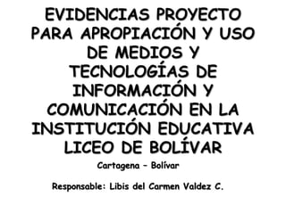 EVIDENCIAS PROYECTO
PARA APROPIACIÓN Y USO
       DE MEDIOS Y
     TECNOLOGÍAS DE
     INFORMACIÓN Y
  COMUNICACIÓN EN LA
INSTITUCIÓN EDUCATIVA
    LICEO DE BOLÍVAR
            Cartagena – Bolívar

  Responsable: Libis del Carmen Valdez C.
 