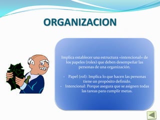 ORGANIZACION

  Implica establecer una estructura «intencional» de
    los papeles (roles) que deben desempeñar las
            personas de una organización.

   - Papel (rol): Implica lo que hacen las personas
              tiene un propósito definido.
  - Intencional: Porque asegura que se asignen todas
             las tareas para cumplir metas.
 