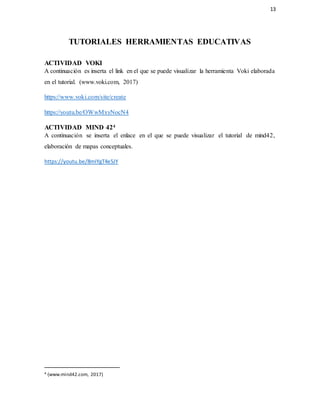 13
TUTORIALES HERRAMIENTAS EDUCATIVAS
ACTIVIDAD VOKI
A continuación es inserta el link en el que se puede visualizar la herramienta Voki elaborada
en el tutorial. (www.voki.com, 2017)
https://www.voki.com/site/create
https://youtu.be/OWwMxyNocN4
ACTIVIDAD MIND 424
A continuación se inserta el enlace en el que se puede visualizar el tutorial de mind42,
elaboración de mapas conceptuales.
https://youtu.be/8mIYgT4e5JY
4 (www.mind42.com, 2017)
 