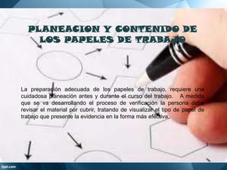 PLANEACION Y CONTENIDO DE
LOS PAPELES DE TRABAJO

La preparación adecuada de los papeles de trabajo, requiere una
cuidadosa planeación antes y durante el curso del trabajo. A medida
que se va desarrollando el proceso de verificación la persona debe
revisar el material por cubrir, tratando de visualizar el tipo de papel de
trabajo que presente la evidencia en la forma más efectiva.

 