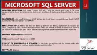 15
MICROSOFT SQL SERVER
MEMORIA REQUERIDA: Ediciones Express: 512 MB, Todas las demás ediciones: 1 GB, para
asegurarnos de tener un rendimiento óptimo en una base de datos grande preferible al menos
4GB.
PROCESADOR: x64: AMD Opteron, AMD Athlon 64, Intel Xeon compatible con Intel EM64T
Intel Pentium IV compatible con EM64T.
ESPACIO EN DISCO: Motor de base de datos y archivos de datos, replicación, búsqueda de
texto completo y Data Quality Services mínimo 1480 MB Motor de base de datos con Servicio
de consultas de PolyBase para bases de datos muy grandes se recomienda mínimo 4194 MB
EMPRESA RESPONSABLE: Microsoft.
AÑO: nace Microsoft SQL server en 1989.
NUMERO DE REGISTROS QUE SOPORTA: La cantidad de registros de las tablas están solo
limitados por el espacio en disco que tengas para contenerlas.
SOFTWARE: de paga.
 