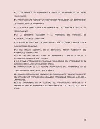 11
2.1 LO QUE SABEMOS DEL APRENDIZAJE A TRAVES DE LAS MIRADAS DE LAS TAREAS
PSICOLOGICAS.
2.1.1 APORTES DE LAS TEORIAS Y LA INVESTIGACION PSICOLOGICA A LA COMPRENSION
DE LOS PROCESOS DE APRENDIZAJE.
2.1.2 LA MIRADA CONDUCTISTA Y EL CONTROL DE LA CONDUCTA A TRAVES DEL
REFORZAMIENTO.
2.1.3 LA CORRIENTE HUMANISTA Y LA PROMOCIÓN DEL POTENCIAL DE
AUTORREALIZACIÓN DE LA PERSONA.
2.1.4 LA POSTURA PSICOGENÉTICA PIAGETIANA Y EL VÍNCULO ENTRE EL APRENDIZAJE Y
EL DESARROLLO COGNITIVO.
2.1.5 UNA MIRADA COGNITIVA EN LA EDUCACIÓN: TEORÍA AUSBELIANA DEL
APRENDIZAJE SIGNIFICATIVO.
2.1.6 EL ENFOQUE SOCIOCULTURAL: EL APRENDIZAJE COMO ACTO SOCIAL E
INTERNALIZACIÓN MEDIDA A LA CULTURA.
2. 1. 7 OTRAS APROXIMACIONES TEÓRICAS PSICOLÓGICAS DEL APRENDIZAJE EN EL
CURRÍCULO ESCOLAR DE LA EDUCACIÓN BÁSICA.
2.2 INCORPORACIÓN DE LAS TEORÍAS PSICOLÓGICAS DEL APRENDIZAJE EN EL
CURRÍCULO ESCOLAR DE LA EDUCACIÓN BÁSICA.
2.2.1 ANÁLISIS CRÍTICO DE LAS INNOVACIONES CURRICULARES Y EDUCATIVAS DENTRO
DEL MARCO DE LAS TEORÍAS PSICOLÓGICAS DEL APRENDIZAJE ESCOLAR: ALCANCES Y
LIMITACIONES.
2.2.2 EL APRENDIZAJE EN LA SOCIEDAD DEL CONOCIMIENTO: PROPUESTAS Y
REALIDADES PARA EL APRENDIZAJE Y LA ENSEÑANZA EN LOS CONTEXTOS GLOBAL Y
SOCIAL.
 