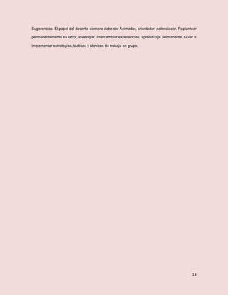 13
Sugerencias: El papel del docente siempre debe ser Animador, orientador, potenciador. Replantear
permanentemente su labor, investigar, intercambiar experiencias, aprendizaje permanente. Guiar e
implementar estrategias, tácticas y técnicas de trabajo en grupo.
 