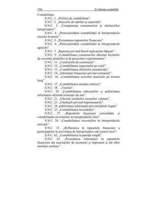 156 Evidenţa contabilă
Contabilitate:
S.N.C. 1. „Politica de contabilitate”.
S.N.C. 2. „Stocurile de mărfuri şi materiale”.
S.N.C. 3. „Componenţa consumurilor şi cheltuielilor
întreprinderii”.
S.N.C. 4. „Particularităţile contabilităţii la întreprinderile
micului business”.
S.N.C. 5. „Prezentarea rapoartelor financiare”.
S.N.C. 6. „Particularităţile contabilităţii la întreprinderile
agricole”.
S.N.C. 7. „Raportul privind fluxul mijloacelor băneşti”.
S.N.C. 9. „Contabilitatea consumurilor aferente lucrărilor
de cercetări ştiinţifice şi de proiectare-experimentare”.
S.N.C. 11. „Contractele de construcţie”.
S.N.C. 12. „Contabilitatea impozitului pe venit”.
S.N.C. 13. „Contabilitatea obiectelor nemateriale”.
S.N.C. 14. „Informaţii financiare privind sectoarele”.
S.N.C. 16. „Contabilitatea activelor materiale pe termen
lung”.
S.N.C. 17. „Contabilitatea arendei (chiriei)”.
S.N.C. 18. „Venitul”.
S.N.C. 20. „Contabilitatea subvenţiilor şi publicitatea
informaţiei aferentă asistenţei de stat”.
S.N.C. 21. „Efectele variaţiilor cursurilor valutare”.
S.N.C. 23. „Cheltuieli privind împrumuturile”.
S.N.C. 24. publicitatea informaţiei privind părţile legate”.
S.N.C. 25. „Contabilitatea investiţiilor”.
S.N.C. 27. „Rapoartele financiare consolidate şi
contabilitatea investiţiilor în întreprinderile fiice”.
S.N.C. 28. „Contabilitatea investiţiilor în întreprinderile
asociate”.
S.N.C. 31. „Reflectarea în rapoartele financiare a
participaţiilor în activitatea de întreprinzător sub control mixt”.
S.N.C. 62. „Contabilitatea în partidă simplă”.
S.N.C. 63. „Prezentarea informaţiei în rapoartele
financiare ale asociaţiilor de economii şi împrumut şi ale altor
instituţii similare”.
 