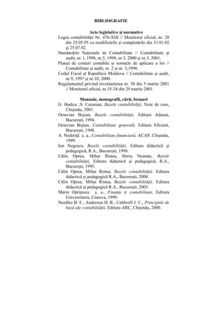 BIBLIOGRAFIE
Acte legislative şi normative
Legea contabilităţii Nr. 476-XIII // Monitorul oficial, nr. 28
din 25.05.95 cu modificările şi completările din 31.01.02
şi 25.07.02.
Standardele Naţionale de Contabilitate // Contabilitate şi
audit, nr. l, 1998, nr.5, 1999, nr.3, 2000 şi nr.5, 2001.
Planul de conturi contabile şi normele de aplicare a lor //
Contabilitate şi audit, nr. 2 şi nr. 3,1998.
Codul Fiscal al Republicii Moldova // Contabilitate şi audit,
nr.9, 1997 şi nr.10, 2000.
Regulamentul privind inventarierea nr. 30 din 5 martie 2001
// Monitorul oficial, nr.35-38 din 29 martie 2001.
Manuale, monografii, cărţi, broşuri
G. Badicu ,S. Caraman, Bazele contabilităţii, Note de curs,
Chişinău, 2001.
Octavian Bojian, Bazele contabilităţii, Editura Adonai,
Bucureşti, 1994.
Octavian Bojian, Contabilitate generală. Editura Eficient,
Bucureşti, 1998.
A. Nederiţă ş. a., Contabilitate financiară, ACAP, Chişinău,
1999.
Ion Negescu, Bazele contabilităţii, Editura didactică şi
pedagogică, R.A., Bucureşti, 1998.
Călin Oprea, Mihai Ristea, Horia Neamţu, Bazele
contabilităţii, Editura didactică şi pedagogică, R.A.,
Bucureşti, 1995.
Călin Oprea, Mihai Ristea, Bazele contabilităţii, Editura
didactică şi pedagogică R.A., Bucureşti, 2000.
Călin Oprea, Mihai Ristea, Bazele contabilităţii, Editura
didactică şi pedagogică R.A., Bucureşti, 2003.
Marin Opriţescu ş. a., Finanţe ţi contabilitate, Editura
Universitaria, Craiova, 1999.
Needles B. E., Anderson H. R., Caldwell J. C., Principiile de
bază ale contabilităţii, Editura ARC, Chişinău, 2000.
 