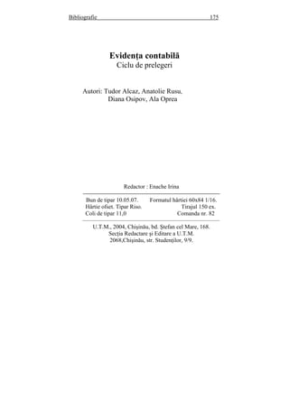 Bibliografie 175
Evidenţa contabilă
Ciclu de prelegeri
Autori: Tudor Alcaz, Anatolie Rusu,
Diana Osipov, Ala Oprea
Redactor : Enache Irina
–––––––––––––––––––––––––––––––––––––––––––––––
Bun de tipar 10.05.07. Formatul hârtiei 60x84 1/16.
Hârtie ofset. Tipar Riso. Tirajul 150 ex.
Coli de tipar 11,0 Comanda nr. 82
–––––––––––––––––––––––––––––––––––––––––––––––
U.T.M., 2004, Chişinău, bd. Ştefan cel Mare, 168.
Secţia Redactare şi Editare a U.T.M.
2068,Chişinău, str. Studenţilor, 9/9.
 