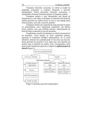 30 Evidenţa contabilă
Finanţarea bunurilor economice se referă la modul de
dobândire economică şi susţinere financiară a activelor
întreprinderii. Pentru procurarea bunurilor economice, o
întreprindere foloseşte finanţarea proprie şi finanţarea străină.
Finanţarea proprie a unei întreprinderi este făcută de
proprietarul ei, care aduce contribuţia sa materială sub formă de
capital personal sau capital social, la care se mai adaugă unele
resurse proprii, cum sunt: rezervele, profitul.
Finanţarea străină este asigurată de terţa persoană în raport
cu întreprinderea care-i împrumută capitalurile sub diferite
forme juridice, cum sunt creditele bancare, împrumuturile pe
bază de titluri şi datoriile în curs de decontare.
Exigibilitatea surselor de finanţare se referă la termenul lor
de decontare. Acest termen, în cazul capitalului propriu,
operează în momentul lichidării patrimoniului, iar în cazul
datoriilor, termenul de scadenţă poate fi mai mare sau mai mic
decât perioada de gestiune (l an), după cum sunt datoriile pe
termen lung şi datoriile pe termen scurt. Corespunzător celor
două criterii menţionate, pasivele se împart în capital propriu şi
datorii (figura 3).
Figura 3. Structura pasivelor întreprinderii
PASIVELE NÎNTREPRI DERII
CAPITALUL PROPRIU DATORII
Capital secundar
Profit nerepartizat
Rezerve
Capital statutar şi
suplimnetar
Datorii pe termen
scurt
Datorii
Datorii
Datorii calculate
financiare
comerciale
Datorii pe termen
lung
Datorii
Datorii calculate
financiare
După modul de finanţare
 