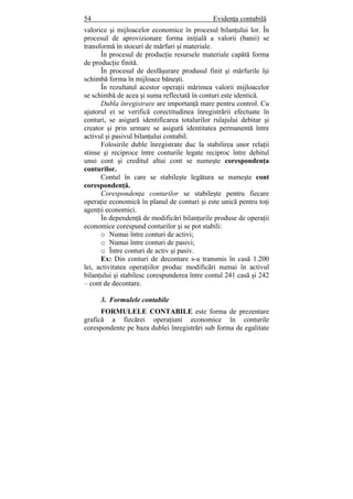 54 Evidenţa contabilă
valorice şi mijloacelor economice în procesul bilanţului lor. În
procesul de aprovizionare forma iniţială a valorii (banii) se
transformă în stocuri de mărfuri şi materiale.
În procesul de producţie resursele materiale capătă forma
de producţie finită.
În procesul de desfăşurare produsul finit şi mărfurile îşi
schimbă forma în mijloace băneşti.
În rezultatul acestor operaţii mărimea valorii mijloacelor
se schimbă de acea şi suma reflectată în conturi este identică.
Dubla înregistrare are importanţă mare pentru control. Cu
ajutorul ei se verifică corectitudinea înregistrării efectuate în
conturi, se asigură identificarea totalurilor rulajului debitar şi
creator şi prin urmare se asigură identitatea permanentă între
activul şi pasivul bilanţului contabil.
Folosirile duble înregistrate duc la stabilirea unor relaţii
stinse şi reciproce între conturile legate reciproc între debitul
unui cont şi creditul altui cont se numeşte corespondenţa
conturilor.
Contul în care se stabileşte legătura se numeşte cont
corespondenţă.
Corespondenţa conturilor se stabileşte pentru fiecare
operaţie economică în planul de conturi şi este unică pentru toţi
agenţii economici.
În dependenţă de modificări bilanţurile produse de operaţii
economice corespund conturilor şi se pot stabili:
o Numai între conturi de activi;
o Numai între conturi de pasivi;
o Între conturi de activ şi pasiv.
Ex: Din conturi de decontare s-a transmis în casă 1.200
lei, activitatea operaţiilor produc modificări numai în activul
bilanţului şi stabilesc corespunderea între contul 241 casă şi 242
– cont de decontare.
3. Formulele contabile
FORMULELE CONTABILE este forma de prezentare
grafică a fiecărei operaţiuni economice în conturile
corespondente pe baza dublei înregistrări sub forma de egalitate
 