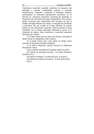 62 Evidenţa contabilă
Clasificarea conturilor contabile contribuie la însuşirea mai
profundă a metodei contabilităţii, permite a cunoaşte
caracteristicile conturilor: conţinutul şi destinaţia acestora,
uniformitatea în reflectarea operaţiunilor economice. Ea se
bazează pe cercetarea proceselor economice-de producţie şi
financiare care formează activitatea întreprinderii. Prin urmare,
pentru realizarea unei uniformităţi este necesară nu, pur şi
simplu concepţia Planului de conturi, ci concepţia de clasificare
a conturilor. De aici rezultă că la baza Planului de conturi
trebuie să stea clasificarea conturilor. Planul construit în afara
clasificării nu va ordona informaţia reflectată şi acesta va fi
complicat de înţeles. Orice clasificare a conturilor urmăreşte
minimum trei scopuri:
1) să arate natura unui sau altui cont (fiecare cont poate fi
înţeles numai în comparaţie cu alte conturi);
2) să poată utiliza orice cont (adică să aleagă corect
conturile la întocmirea formulei contabile);
3) să aibă la dispoziţie reperele necesare la elaborarea
Planului de conturi.
Toate conturile contabile pot fi grupate după trei criterii:
• în funcţie de destinaţia acestora - în conturi bilanţiere,
rezultative etc.;
• în raport cu bilanţul - în conturi de activ şi de pasiv;
• în funcţie de conţinut şi structură - în clase determinate
(fig.1).
 