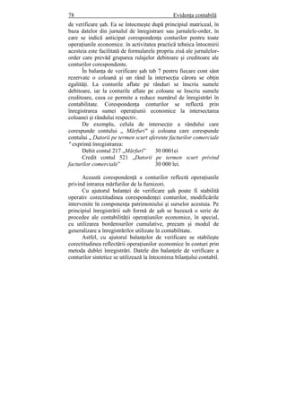 78 Evidenţa contabilă
de verificare şah. Ea se întocmeşte după principiul matriceal, în
baza datelor din jurnalul de înregistrare sau jurnalele-order, în
care se indică anticipat corespondenţa conturilor pentru toate
operaţiunile economice. în activitatea practică tehnica întocmirii
acesteia este facilitată de formularele propriu zisă ale jurnalelor-
order care prevăd gruparea rulajelor debitoare şi creditoare ale
conturilor corespondente.
În balanţa de verificare şah tab 7 pentru fiecare cont sânt
rezervate o coloană şi un rând la intersecţia cărora se obţin
egalităţi. La conturile aflate pe rânduri se înscriu sumele
debitoare, iar la conturile aflate pe coloane se înscriu sumele
creditoare, ceea ce permite a reduce numărul de înregistrări în
contabilitate. Corespondenţa conturilor se reflectă prin
înregistrarea sumei operaţiunii economice la intersectarea
coloanei şi rândului respectiv.
De exemplu, celula de intersecţie a rândului care
corespunde contului „ Mărfuri" şi coloana care corespunde
contului „ Datorii pe termen scurt aferente facturilor comerciale
" exprimă înregistrarea:
Debit contul 217 „Mărfuri” 30 0001ei
Credit contul 521 „Datorii pe termen scurt privind
facturilor comerciale” 30 000 lei.
Această corespondenţă a conturilor reflectă operaţiunile
privind intrarea mărfurilor de la furnizori.
Cu ajutorul balanţei de verificare şah poate fi stabilită
operativ corectitudinea corespondenţei conturilor, modificările
intervenite în componenţa patrimoniului şi surselor acestuia. Pe
principiul înregistrării sub formă de şah se bazează o serie de
procedee ale contabilităţii operaţiunilor economice, în special,
cu utilizarea borderourilor cumulative, precum şi modul de
generalizare a înregistrărilor utilizate în contabilitate.
Astfel, cu ajutorul balanţelor de verificare se stabileşte
corectitudinea reflectării operaţiunilor economice în conturi prin
metoda dublei înregistrări. Datele din balanţele de verificare a
conturilor sintetice se utilizează la întocmirea bilanţului contabil.
 