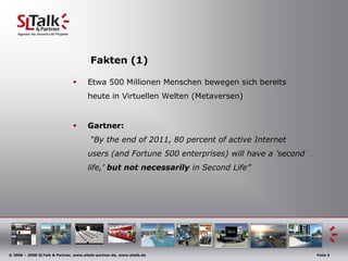 Fakten (1)Etwa 500 Millionen Menschen bewegen sich bereits heute in Virtuellen Welten (Metaversen)Gartner: “By the end of 2011, 80 percent of active Internet users (and Fortune 500 enterprises) will have a ’second life,’ but not necessarily in Second Life”