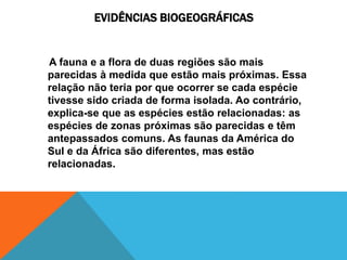 EVIDÊNCIAS BIOGEOGRÁFICAS
A fauna e a flora de duas regiões são mais
parecidas à medida que estão mais próximas. Essa
relação não teria por que ocorrer se cada espécie
tivesse sido criada de forma isolada. Ao contrário,
explica-se que as espécies estão relacionadas: as
espécies de zonas próximas são parecidas e têm
antepassados comuns. As faunas da América do
Sul e da África são diferentes, mas estão
relacionadas.
 