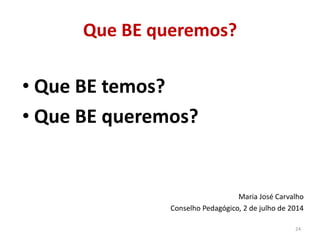 Que BE queremos?
• Que BE temos?
• Que BE queremos?
Maria José Carvalho
Conselho Pedagógico, 2 de julho de 2014
24
 