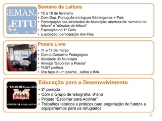24
Semana da Leitura
• 15 a 19 de fevereiro
• Com Dep. Português e Línguas Estrangeiras + Pais
• Participação nas atividades do Município: abertura da “semana da
leitura” e “minutos de leitura”
• Exposição do 1º Ciclo
• Exposição: participação dos Pais
Poesia Livre
• 11 a 17 de março
• Com o Conselho Pedagógico
• Atividade do Município
• Almoço “Saborear a Poesia”
• TUST poético
• Ora faça lá um poema…sobre o INA
Educação para o Desenvolvimento
• 2º período
• Com o Grupo de Geografia. 9ºano
• Projeto “Escolher para Acolher”
• Trabalhos teóricos e práticos para angariação de fundos e
equipamentos para os refugiados
 