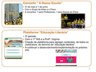 26
Concerto “ A Nossa Escola”
• 31 de maio e 1 de junho
• Com o Grupo de Artes e o 5ºano
• 2 concertos: 1 para Professores, 1 para Alunos do 5ºano
Plataforma “Educação Literária”
• 3º período
• Com o 1º TAS e a Profª. Virgínia
• Criação de plataforma para agregar conteúdos, de todos os
ciclos/anos, do domínio da “educação literária”
• A continuar o desenvolvimento/implementação no próximo
ano
 
