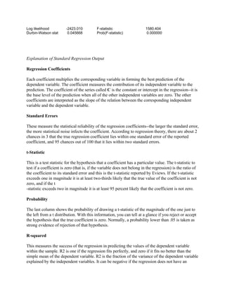 Log likelihood -2423.010 F-statistic 1580.404
Durbin-Watson stat 0.045668 Prob(F-statistic) 0.000000
Explanation of Standard Regression Output
Regression Coefficients
Each coefficient multiplies the corresponding variable in forming the best prediction of the
dependent variable. The coefficient measures the contribution of its independent variable to the
prediction. The coefficient of the series called C is the constant or intercept in the regression--it is
the base level of the prediction when all of the other independent variables are zero. The other
coefficients are interpreted as the slope of the relation between the corresponding independent
variable and the dependent variable.
Standard Errors
These measure the statistical reliability of the regression coefficients--the larger the standard error,
the more statistical noise infects the coefficient. According to regression theory, there are about 2
chances in 3 that the true regression coefficient lies within one standard error of the reported
coefficient, and 95 chances out of 100 that it lies within two standard errors.
t-Statistic
This is a test statistic for the hypothesis that a coefficient has a particular value. The t-statistic to
test if a coefficient is zero (that is, if the variable does not belong in the regression) is the ratio of
the coefficient to its standard error and this is the t-statistic reported by Eviews. If the t-statistic
exceeds one in magnitude it is at least two-thirds likely that the true value of the coefficient is not
zero, and if the t
-statistic exceeds two in magnitude it is at least 95 percent likely that the coefficient is not zero.
Probability
The last column shows the probability of drawing a t-statistic of the magnitude of the one just to
the left from a t distribution. With this information, you can tell at a glance if you reject or accept
the hypothesis that the true coefficient is zero. Normally, a probability lower than .05 is taken as
strong evidence of rejection of that hypothesis.
R-squared
This measures the success of the regression in predicting the values of the dependent variable
within the sample. R2 is one if the regression fits perfectly, and zero if it fits no better than the
simple mean of the dependent variable. R2 is the fraction of the variance of the dependent variable
explained by the independent variables. It can be negative if the regression does not have an
 