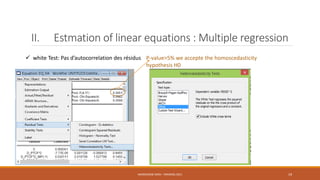 II. Estmation of linear equations : Multiple regression
 white Test: Pas d’autocorrelation des résidus P-value>5% we accepte the homoscedasticity
hypothesis H0
NASREDDINE DRIDI : TRAINING 2021 19
 