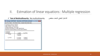 II. Estmation of linear equations : Multiple regression
 Test of Multicollinearity : No multicolinearity ‫منخفض‬ ‫المتعدد‬ ‫الخطي‬ ‫التداخل‬
NASREDDINE DRIDI : TRAINING 2021 23
 