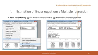 II. Estmation of linear equations : Multiple regression
 Reset test of Ramsey: H0 :the model is well specified vs H1 : the model is incorrectly specified
P-value>5% we don’t reject the H0 hypothesis
NASREDDINE DRIDI : TRAINING 2021 24
 