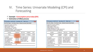 IV. Time Series: Univariate Modeling (CPI) and
Forecasting
 Exemple : Consumption price Index (CPI)
 Estimation of AR(1)...