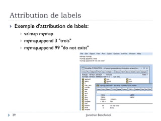 Attribution de labels
    Exemple d’attribution de labels:
            valmap mymap
            mymap.append 3 "trois"
            mymap.append 99 "do not exist"




    29                                   Jonathan Benchimol
 