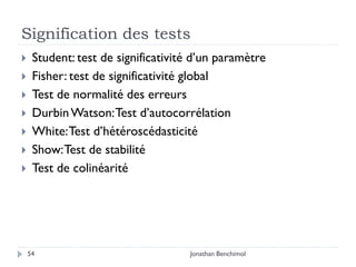 Signification des tests
    Student: test de significativité d’un paramètre
    Fisher: test de significativité global
    Test de normalité des erreurs
    Durbin Watson: Test d’autocorrélation
    White: Test d’hétéroscédasticité
    Show: Test de stabilité
    Test de colinéarité




    54                              Jonathan Benchimol
 