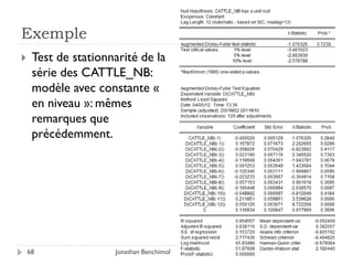 Exemple
    Test de stationnarité de la
     série des CATTLE_NB:
     modèle avec constante «
     en niveau »: mêmes
     remarques que
     précédemment.




    68               Jonathan Benchimol
 