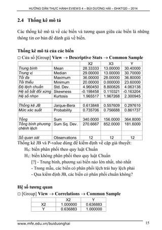 HƯỚNG DẪN THỰC HÀNH EVIEWS 4 – BÙI DƯƠNG HẢI – ĐHKTQD – 2014
www.mfe.edu.vn/buiduonghai 15
2.4 Thống kê mô tả
Các thống kê mô tả về các biến và tương quan giữa các biến là những
thông tin cơ bản để đánh giá về biến.
Thống kê mô tả của các biến
 Cửa sổ [Group] View  Descriptive Stats  Common Sample
X2 X3 Y
Trung bình Mean 28.33333 13.00000 30.40000
Trung vị Median 29.00000 13.00000 30.70000
Tối đa Maximum 36.00000 28.00000 36.80000
Tối thiểu Minimum 20.00000 0.000000 23.60000
Độ lệch chuẩn Std. Dev. 4.960450 8.800826 4.063138
Hệ số bất đối xứng Skewness -0.198458 0.110321 -0.163204
Hệ số nhọn Kurtosis 1.965517 1.967268 2.300945
Thống kê JB Jarque-Bera 0.613848 0.557609 0.297610
Mức xác suất Probability 0.735706 0.756688 0.861737
Tổng Sum 340.0000 156.0000 364.8000
Tổng bình phương
chênh lệch
Sum Sq. Dev. 270.6667 852.0000 181.6000
Số quan sát Observations 12 12 12
Thống kê JB và P-value dùng để kiểm định về cặp giả thuyết:
H0: biến phân phối theo quy luật Chuẩn
H1: biến không phân phối theo quy luật Chuẩn
[?] - Trung bình, phương sai biến nào lớn nhất, nhỏ nhất
- Trong mẫu, các biến có phân phối lệch trái hay lệch phải
- Qua kiểm định JB, các biến có phân phối chuẩn không?
Hệ số tương quan
 [Group] View  Correlations  Common Sample
X2 Y
X2 1.000000 0.636883
Y 0.636883 1.000000
 
