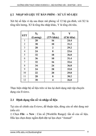 HƯỚNG DẪN THỰC HÀNH EVIEWS 4 – BÙI DƯƠNG HẢI – ĐHKTQD – 2014
www.mfe.edu.vn/buiduonghai 9
§ 2 NHẬP SỐ LIỆU TỪ BÀN PHÍM – XỬ LÝ SỐ LIỆU
Xét bộ số liệu ví dụ sau được mô phỏng về 12 hộ gia đình, với X2 là
tổng tiền lương, X3 là tổng thu nhập khác, Y là tổng chi tiêu.
STT
X2
(Lương)
X3
(TN khác)
Y
(Chi tiêu)
1 20 16 24.4
2 30 10 31.2
3 28 2 29.2
4 24 0 23.6
5 32 18 36.0
6 36 10 31.4
7 32 16 32.6
8 34 24 36.8
9 24 28 32.8
10 22 20 29.8
11 28 8 30.2
12 30 4 26.8
Thực hiện nhập bộ số liệu trên và lưu lại dưới dạng một tệp chuyên
dụng của Eviews.
2.1 Định dạng tần số và nhập số liệu
Tại cửa sổ chính của Eviews, để thuận tiện, đóng cửa sổ nhỏ đang mở
(nếu có)
 Chọn File  New : Cửa sổ [Workfile Range]: tần số của số liệu.
Dấu lựa chọn được ngầm định đặt tại lựa chọn “Annual”
 