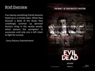 Brief Overview 
Five twenty-something friends become 
holed up in a remote cabin. When they 
discover a Book of the Dead, they 
unwittingly summon up dormant 
demons living in the nearby woods, 
which possess the youngsters in 
succession until only one is left intact 
to fight for survival. 
- Sony Pictures Entertainment 
 