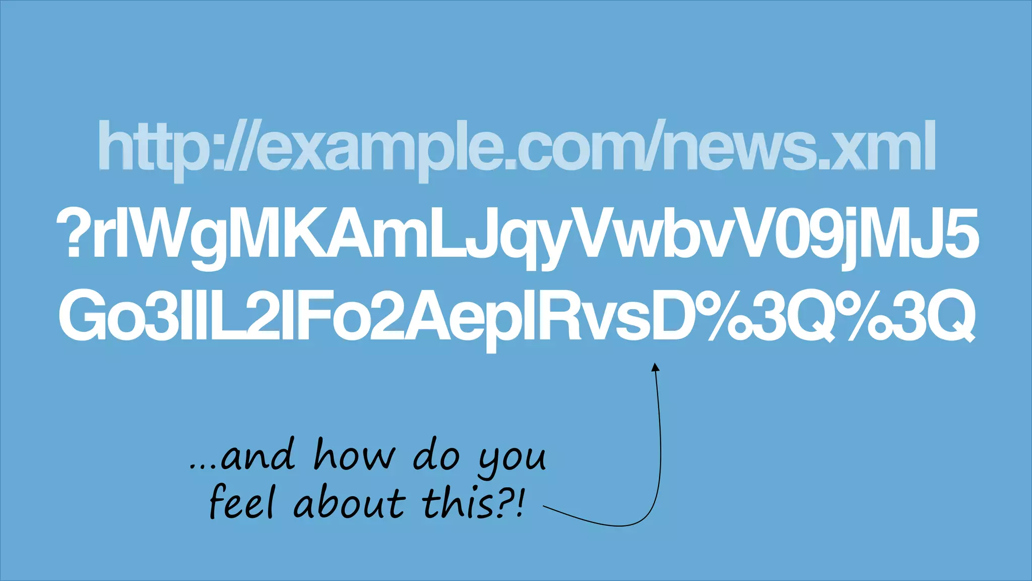 http://example.com/news.xml
?rlWgMKAmLJqyVwbvV09jMJ5
Go3IlL2IFo2AeplRvsD%3Q%3Q
&hellip;and how do you
feel about this?!
 
