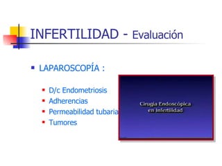 INFERTILIDAD -  Evaluación LAPAROSCOPÍA : D/c Endometriosis Adherencias Permeabilidad tubaria Tumores 