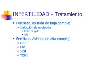INFERTILIDAD -  Tratamiento Fertilizac. asistida de baja complej. Inducción de ovulación Coito dirigido IIU Fertilizac. Asistida de alta complej. GIFT FIV ICSI TOMI 