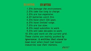 EVMYTHS
1.EVs damage the environment.
2.EVs take too long to charge.
3.EVs are too expensive.
4.EV batteries catch fire.
5.EVs have short life span.
6.EVs have limited range.
7.EVs are too slow.
8.EVs need subsidies to work.
9.EVs will take decades to work.
10. EVs cant work on the current grid.
These claims are mainly pushed by
ignorance, & entities that stand to
lose most when fossil fuel based
industries lose their markets.
 
