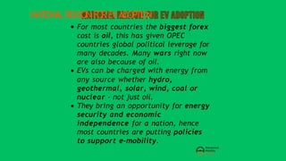 NATIONALREASONFOREVADOPTION
For most countries the biggest forex
cost is oil, this has given OPEC
countries global political leverage for
many decades. Many wars right now
are also because of oil.
EVs can be charged with energy from
any source whether hydro,
geothermal, solar, wind, coal or
nuclear - not just oil.
They bring an opportunity for energy
security and economic
independence for a nation, hence
most countries are putting policies
to support e-mobility.
 