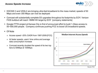 11
Access Speeds Increase
 Of Note
» Access speed ~20% CAGR from 1997-2009 [FCC]
» At faster speeds, users‟ time online and average
data consumption increase
» Comcast recently doubled the speed of its two top
tiers to 50Mbps & 105Mbps
 DOCSIS 3 and VDSL2 are bringing ultra-fast broadband to the mass market; speeds of 50
Mbps and even 305 Mbps can now be deployed
 Comcast will substantially complete D3 upgrades throughout its footprints by EOY; Verizon
FiOS buildout will reach 18MM HH target by EOY [company statements]
 Google FTTH project at Kansas City is first of announced effort to build 1-Gbps access to
50−500,000 people. Company continues pushing FCC to boost US broadband speeds.
Source: FCC
 