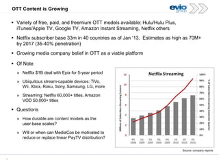 7
OTT Content is Growing
 Of Note
» Netflix $1B deal with Epix for 5-year period
» Ubiquitous stream-capable devices: TiVo,
Wii, Xbox, Roku, Sony, Samsung, LG, more
» Streaming: Netflix 60,000+ titles, Amazon
VOD 50,000+ titles
 Questions
» How durable are content models as the
user base scales?
» Will or when can MediaCos be motivated to
reduce or replace linear PayTV distribution?
 Variety of free, paid, and freemium OTT models available: Hulu/Hulu Plus,
iTunes/Apple TV, Google TV, Amazon Instant Streaming, Netflix others
 Netflix subscriber base 33m in 40 countries as of Jan „13. Estimates as high as 70M+
by 2017 (35-40% penetration)
 Growing media company belief in OTT as a viable platform
Source: company reports
 