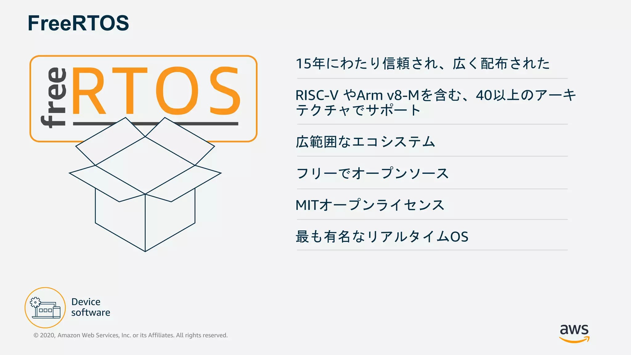 FreeRTOS
15年にわたり信頼され、広く配布された
RISC-V やArm v8-Mを含む、40以上のアーキ
テクチャでサポート
広範囲なエコシステム
フリーでオープンソース
MITオープンライセンス
最も有名なリアルタイムOS
© 2020, Amazon Web Services, Inc. or its Affiliates. All rights reserved.
 
